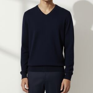 Gap 100% Italian Merino Wool Sweater Large Navy Blue V Neck Like New Mens